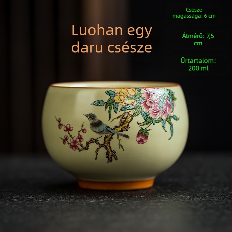 Luo Han teáscsésze, 200 ml bézs porcelán teáscsésze kék-fehér retró mintával, nagy