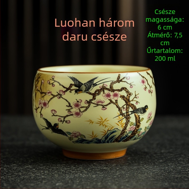 Luo Han teáscsésze, 200 ml bézs porcelán teáscsésze kék-fehér retró mintával, nagy
