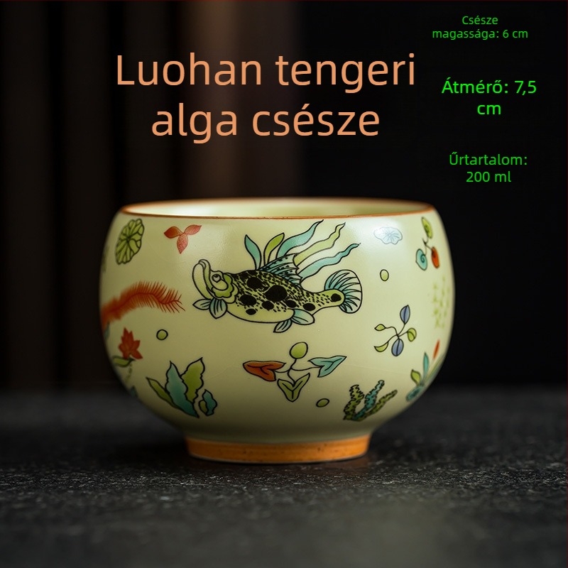 Luo Han teáscsésze, 200 ml bézs porcelán teáscsésze kék-fehér retró mintával, nagy