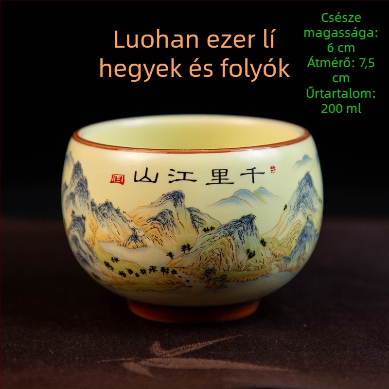 Luo Han teáscsésze, 200 ml bézs porcelán teáscsésze kék-fehér retró mintával, nagy