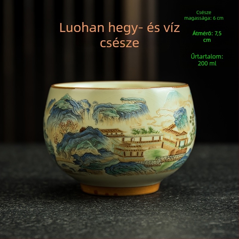 Luo Han teáscsésze, 200 ml bézs porcelán teáscsésze kék-fehér retró mintával, nagy