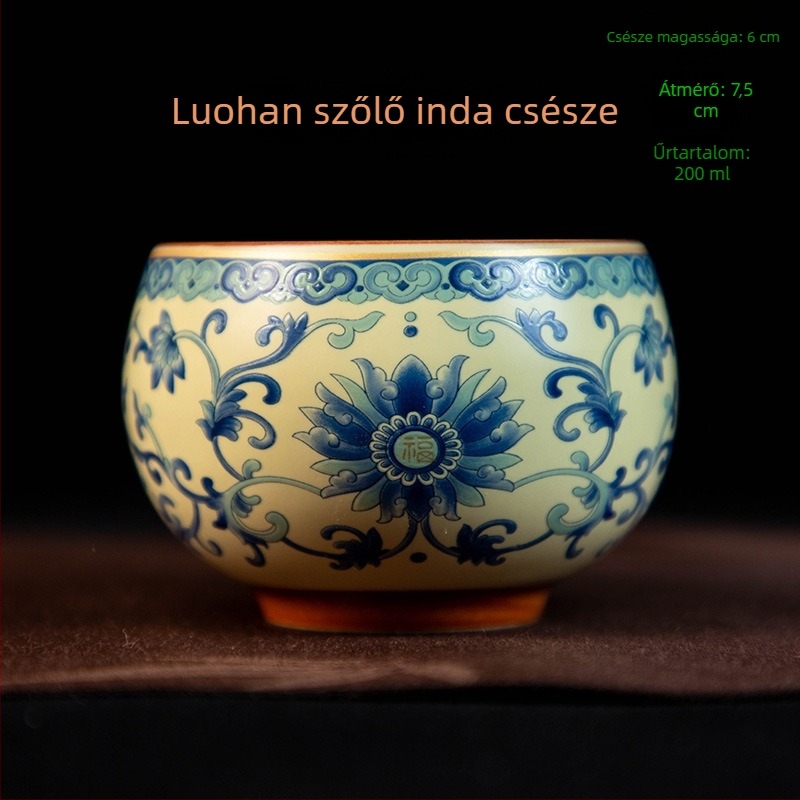 Luo Han teáscsésze, 200 ml bézs porcelán teáscsésze kék-fehér retró mintával, nagy