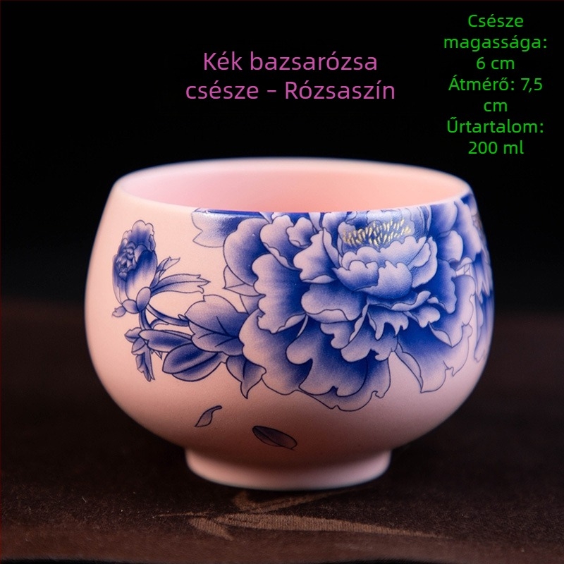 Luo Han teáscsésze, 200 ml bézs porcelán teáscsésze kék-fehér retró mintával, nagy