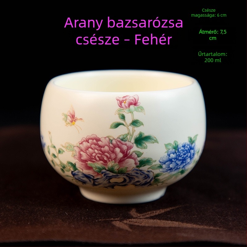 Luo Han teáscsésze, 200 ml bézs porcelán teáscsésze kék-fehér retró mintával, nagy
