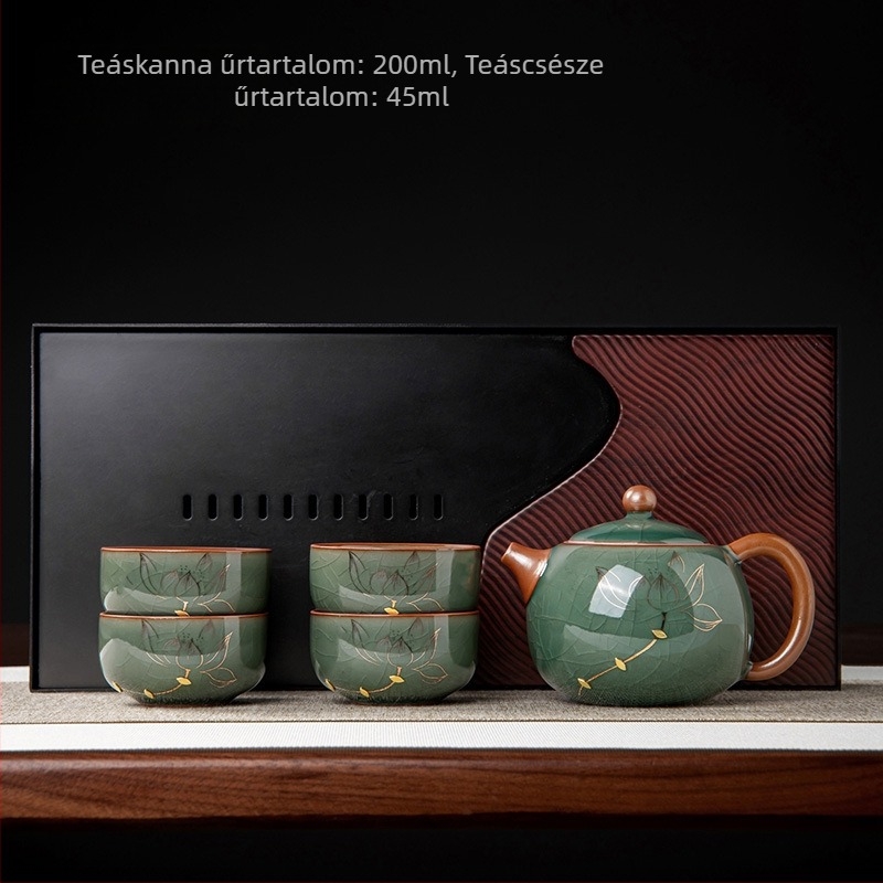 Új kínai stílusú Ge Ware kerámia teáskészlet lótusz motívummal, teás tálcával, egy teáskannával és két csészével, otthoni használatra, fedős tál és Xishi teáskanna