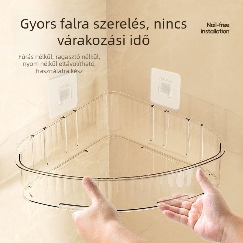 Fürdőszobai háromszög alakú, falra ragasztható polc arcápolási termékek tárolására