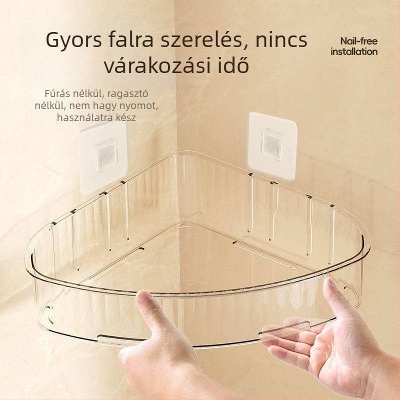 Fürdőszobai háromszög alakú, falra ragasztható polc arcápolási termékek tárolására