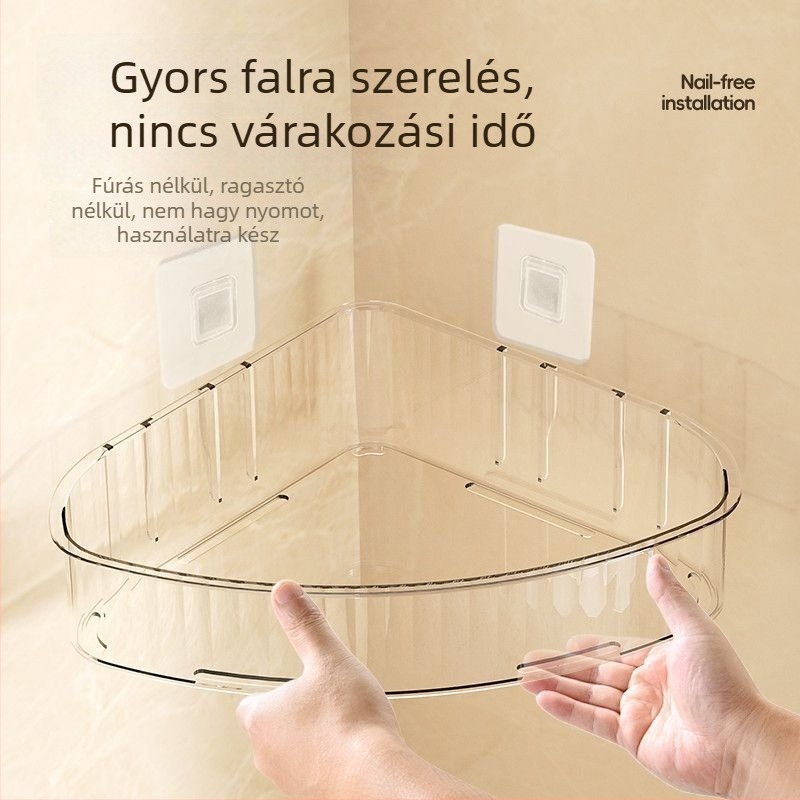 Fürdőszobai háromszög alakú, falra ragasztható polc arcápolási termékek tárolására