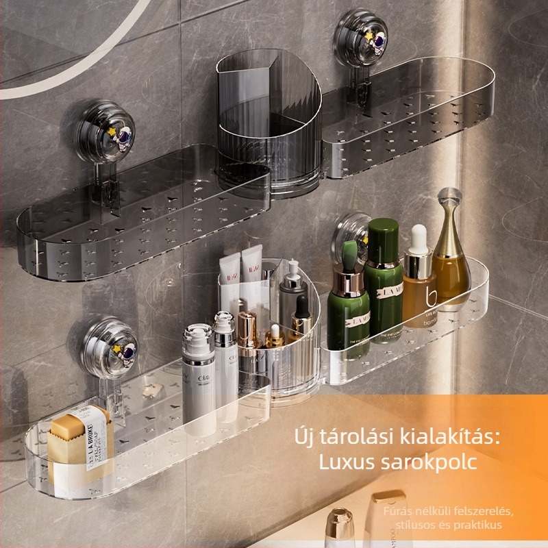 Fürdőszobai falra szerelhető, több szintes tároló, fúrás nélküli telepítés, mosdó és WC közelében, a tükör előtt.