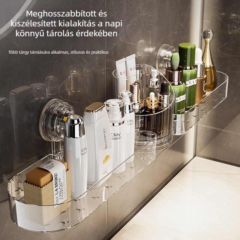 Fürdőszobai falra szerelhető, több szintes tároló, fúrás nélküli telepítés, mosdó és WC közelében, a tükör előtt.