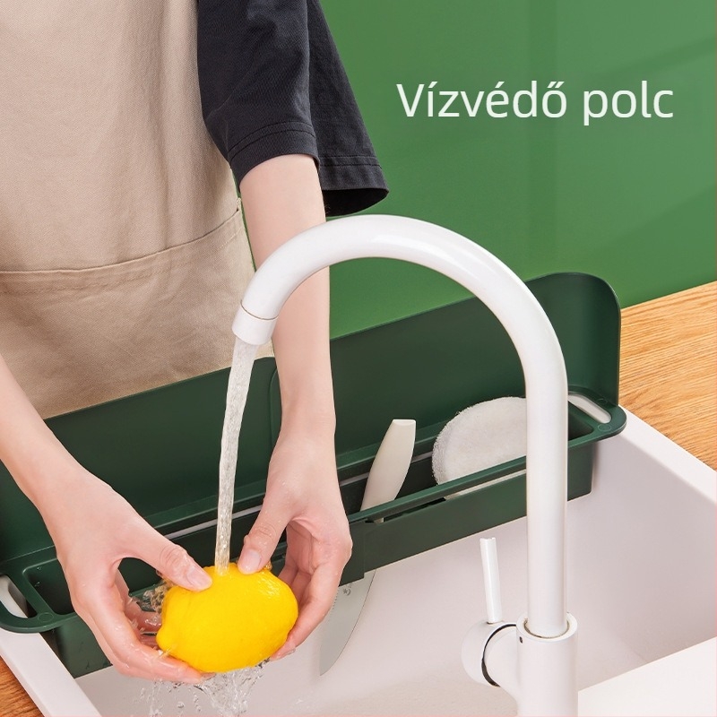 Többfunkciós mosogatóvédő fal visszahúzható tárolóval és leeresztő kosárral