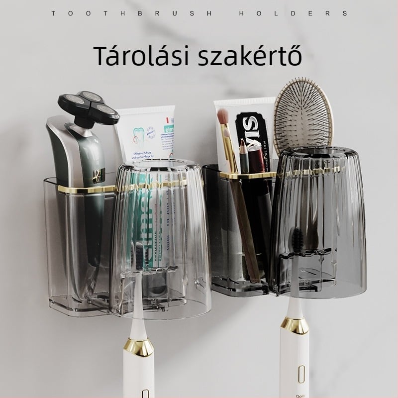 Szerelhető fogkefés tartó fúrás nélküli telepítéssel és pohárszárító tartóval — műanyag fürdőszobai rendező