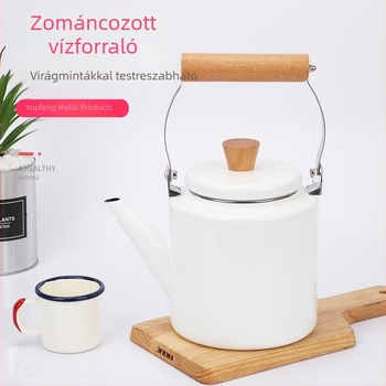 2L zománcos teáskanna fa fogantyúval, modern, egyszerű dizájn