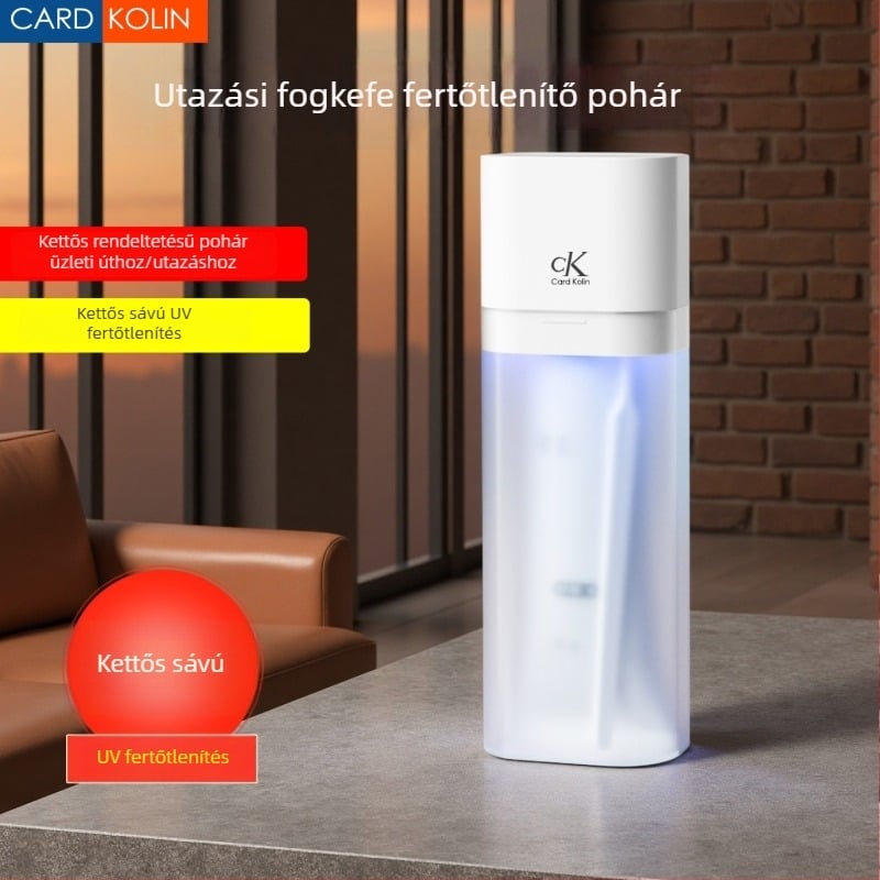 UV-fertőtlenítő doboz fogkeféhez utazáshoz, tárolórekesszel és szájöblítő pohárral – mini verzió