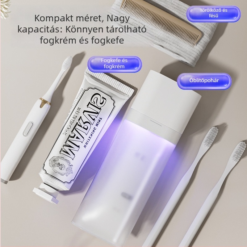 UV-fertőtlenítő doboz fogkeféhez utazáshoz, tárolórekesszel és szájöblítő pohárral – mini verzió
