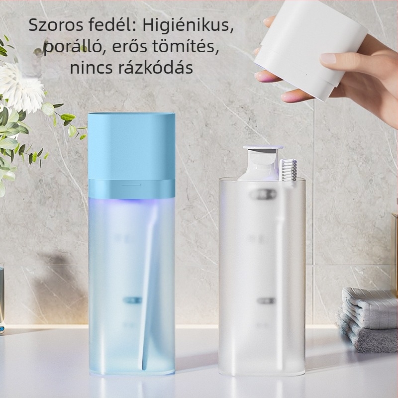 UV-fertőtlenítő doboz fogkeféhez utazáshoz, tárolórekesszel és szájöblítő pohárral – mini verzió