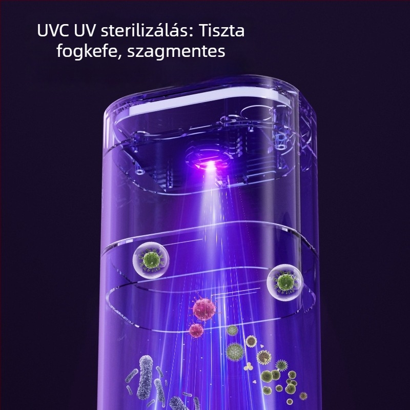 UV-fertőtlenítő doboz fogkeféhez utazáshoz, tárolórekesszel és szájöblítő pohárral – mini verzió