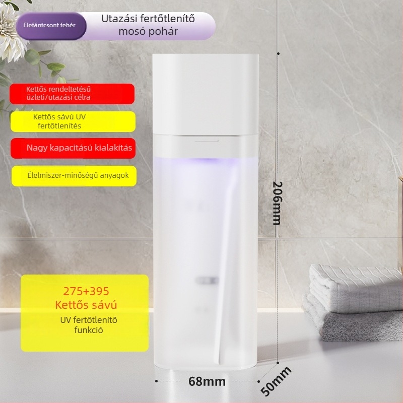 UV-fertőtlenítő doboz fogkeféhez utazáshoz, tárolórekesszel és szájöblítő pohárral – mini verzió