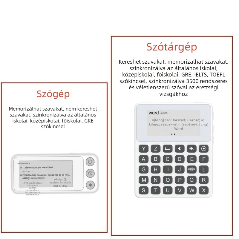 Angol elektronikus szótár és szótanuló készülék, hosszú üzemidő, 3500 szóval szókincs, valós emberi kiejtés