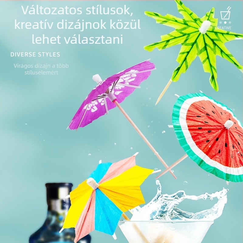 Egyszer használatos színes papír esernyők koktélokhoz és hideg ételekhez, fa nyéllel, 10–18 cm, logó nyomtatva, testreszabható.