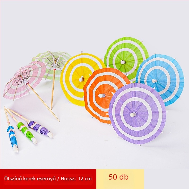 Egyszer használatos színes papír esernyők koktélokhoz és hideg ételekhez, fa nyéllel, 10–18 cm, logó nyomtatva, testreszabható.