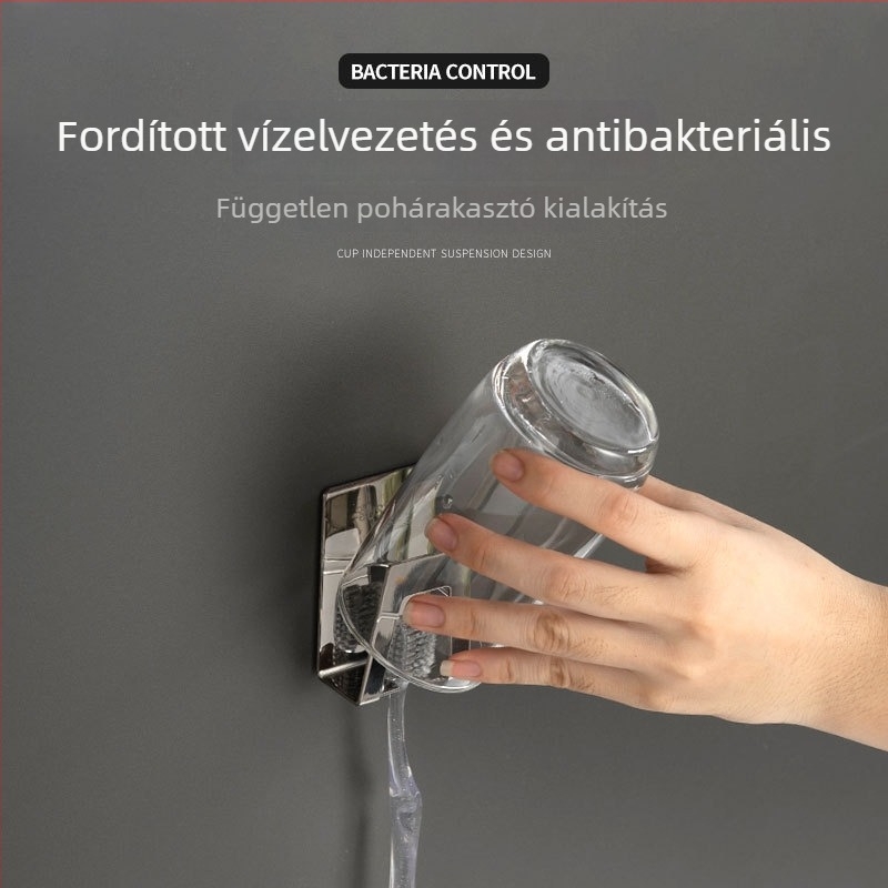 Rozsdamentes acél fogkefetartó, falra szerelhető pohártartó, egyszerű dizájn, fürdőszoba