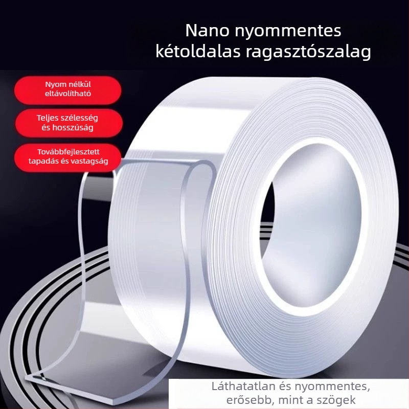 Nano kétoldalas acril szalag, átlátszó, magas viszkozitású, nyom nélkül maradó ragasztó, vízálló hátoldal, erős rögzítés