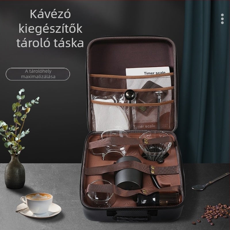 V60 Eva kávé készlet kültéri használatra – hordozható utazó készlet kézi leöntéshez, tároló dobozzal és teás zsákkal