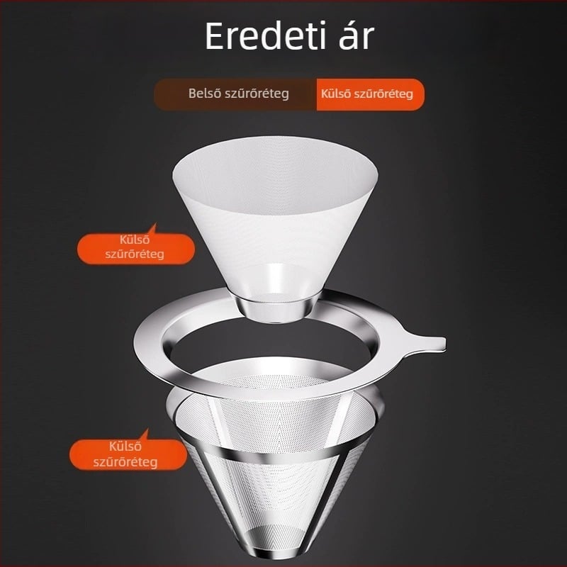 Pour-over kávéfőző készlet rozsdamentes acélból, papír nélküli, ultrafin hálófiltrrel