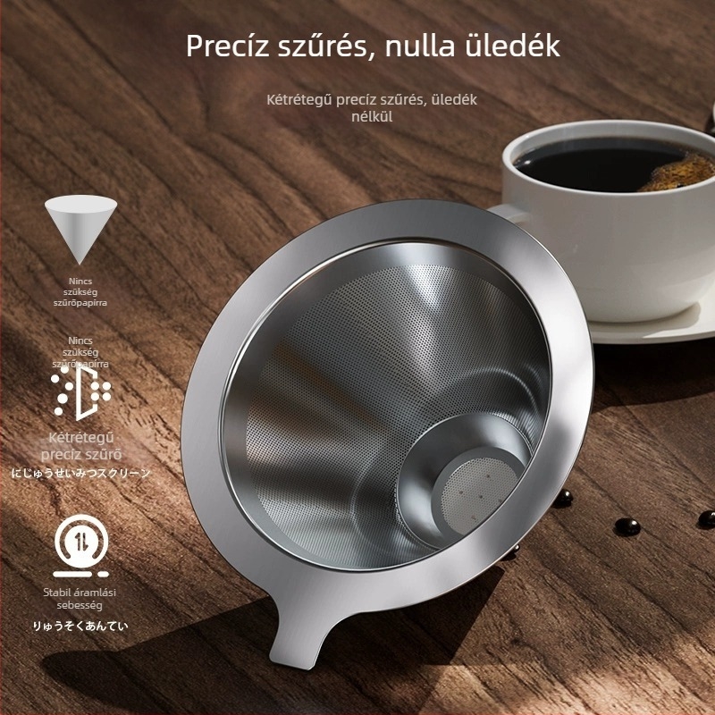 Pour-over kávéfőző készlet rozsdamentes acélból, papír nélküli, ultrafin hálófiltrrel