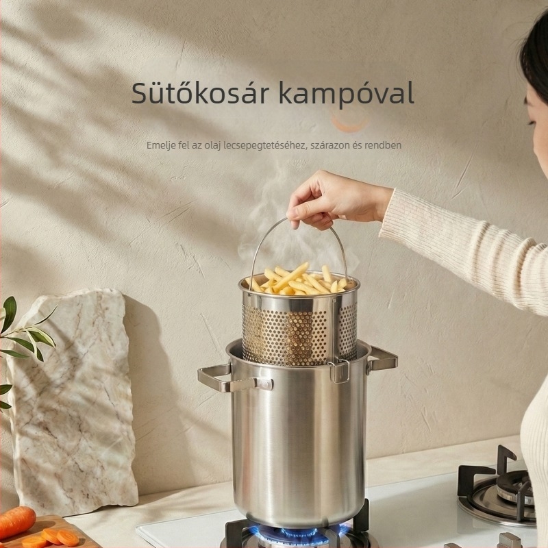 304 rozsdamentes acélból készült egyenes falú serpenyő szűrővel, többfunkciós mélyített leveses fazék kettős fogantyúval