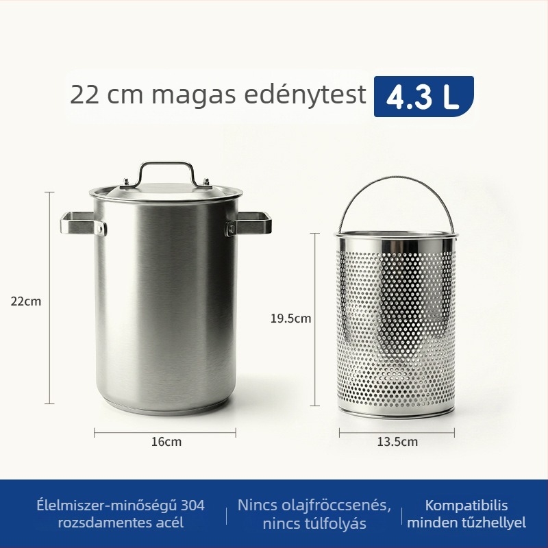 304 rozsdamentes acélból készült egyenes falú serpenyő szűrővel, többfunkciós mélyített leveses fazék kettős fogantyúval