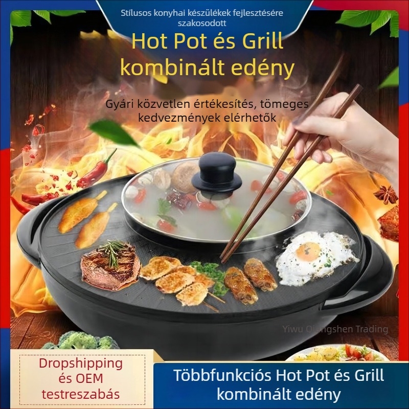 Kerek, mindent egyben elektromos Shabu-Shabu edény otthoni használatra, többfunkciós forró fazék és grill, bevonat nélküli