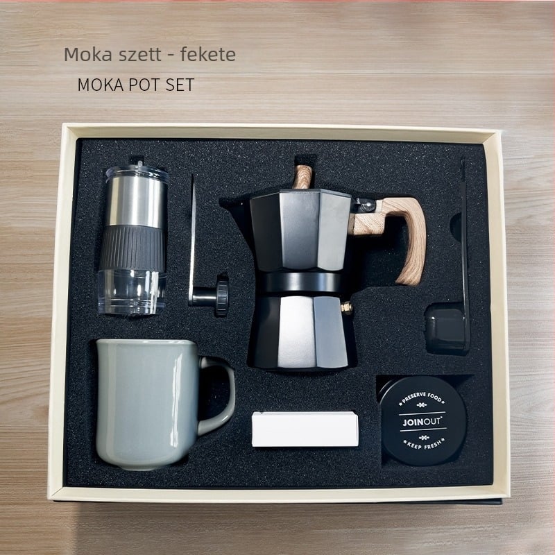 Kézi kávédaráló és hat részes moka kanna – ajándék készlet