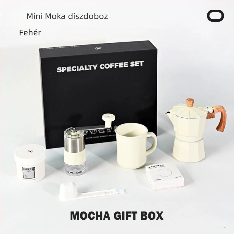 Kézi kávédaráló és hat részes moka kanna – ajándék készlet