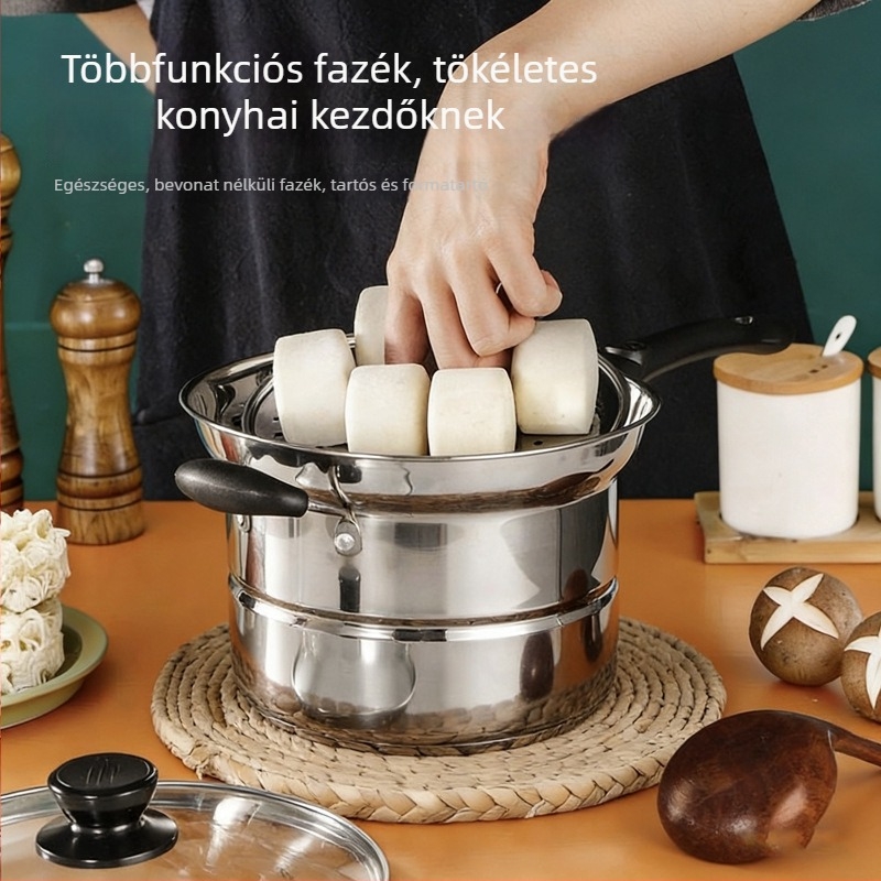 Rozsdamentes acél tészta- és levesfőző edény, vastag aljú, multifunkciós sütés és gőzölés otthoni használatra