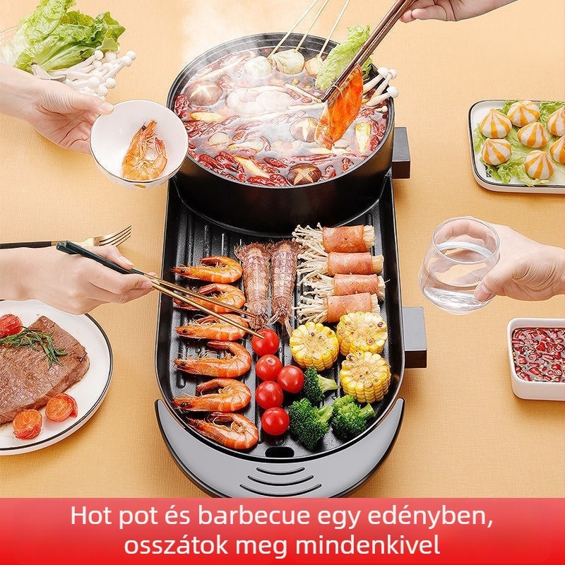 Háztartási multifunkciós elektromos grill és forró fazék, dupla vezérléssel, nagy tapadásmentes edény grillezéshez és főzéshez