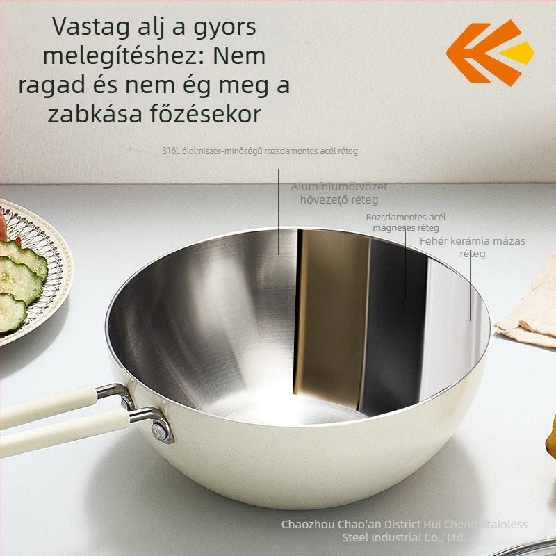 Huicheng 316 rozsdamentes acél bevonat nélküli tejfőző edény üvegfedővel és gőzölő rácsokkal, bébi ételek és tészta edény, háromrétegű alj, kis konyhai serpenyő