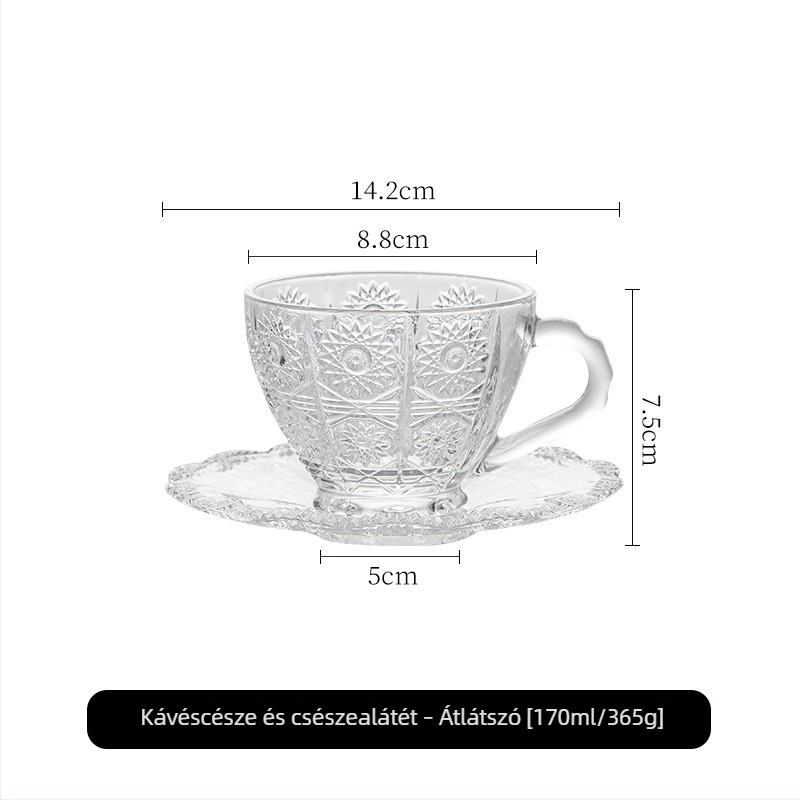 Üvegpohár és alátét készlet kávéhoz, Instagram-stílus, luxus, kompakt, retro reliefes dizájnnal, háztartási használatra