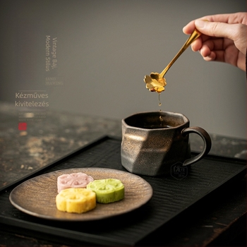 Retro aranyozott kávéscsésze és alátét készlet, latte art mintás kerámia bögrék, otthoni reggeli használatra