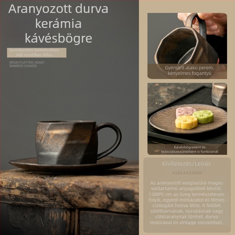 Retro aranyozott kávéscsésze és alátét készlet, latte art mintás kerámia bögrék, otthoni reggeli használatra