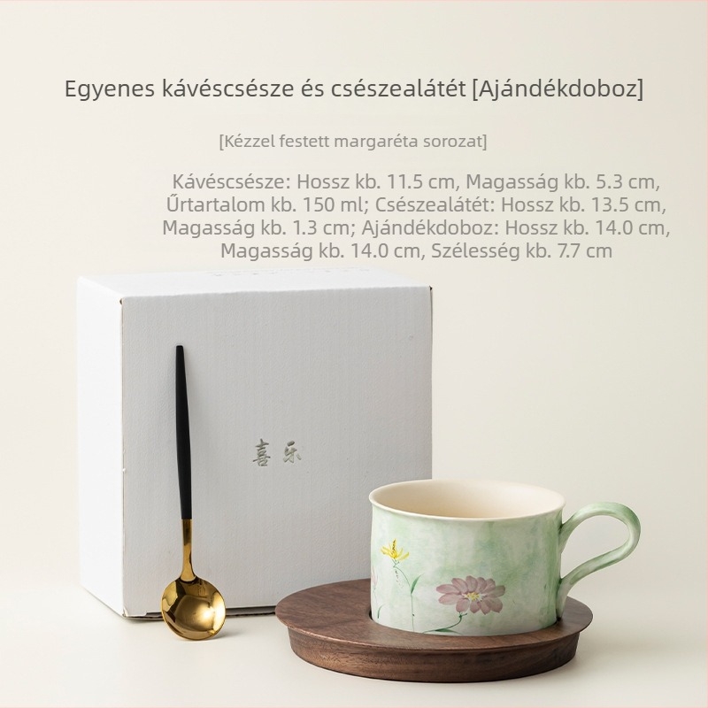 Kézzel festett kávéscsésze alsó glazúrral virágos mintával, kerámia bögre és alátét készlet