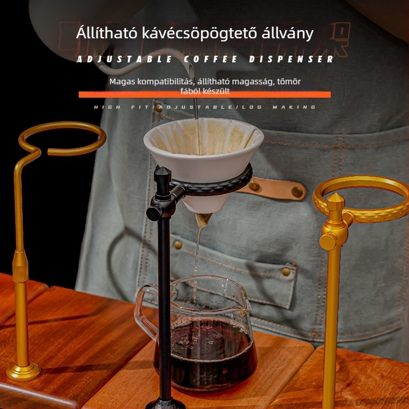 Retro alumínium kézi leöntés kávéállvány, szűrőcsésze és szűrőpapír-tartóval, fa alapzat