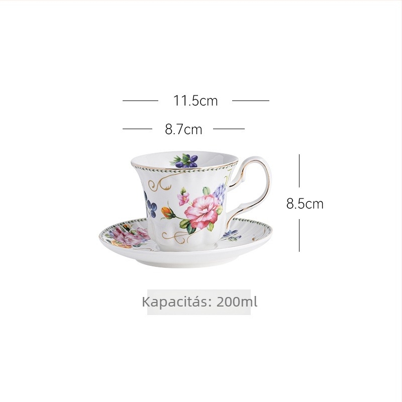 Friss rózsa mintás kávéscsésze és alátét készlet, francia stílusú csésze és brit délutáni tea teáscsésze, otthoni lux porcelán