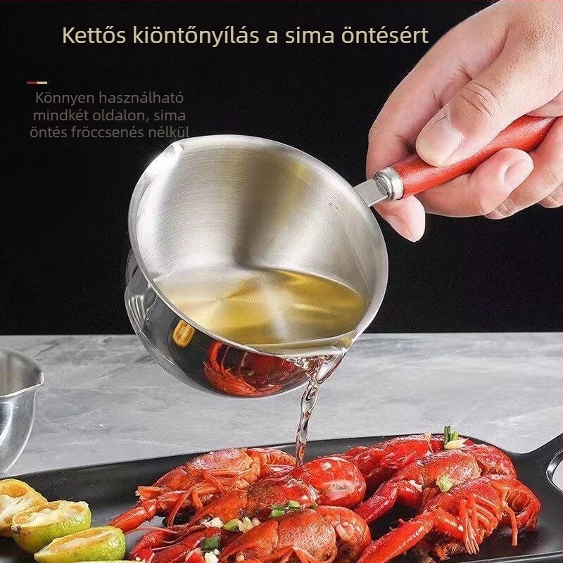 Rozsdamentes acél olajfröccsenő edény otthoni konyhához, kis olajöntő fazék hosszú nyéllel