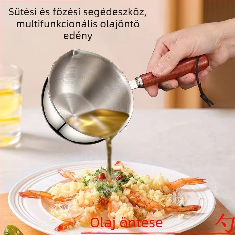 Rozsdamentes acél olajfröccsenő edény otthoni konyhához, kis olajöntő fazék hosszú nyéllel