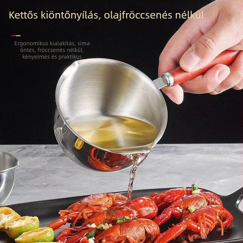 Rozsdamentes acél olajfröccsenő edény otthoni konyhához, kis olajöntő fazék hosszú nyéllel