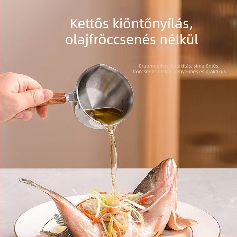 Rozsdamentes acél olajfröccsenő edény otthoni konyhához, kis olajöntő fazék hosszú nyéllel