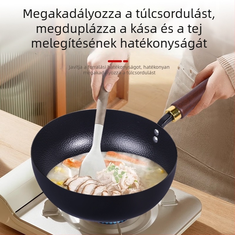 Bevonat nélküli mini vasfazék egy személyre, tej- és bébiétel számára, sík aljzat, kalapált textúra