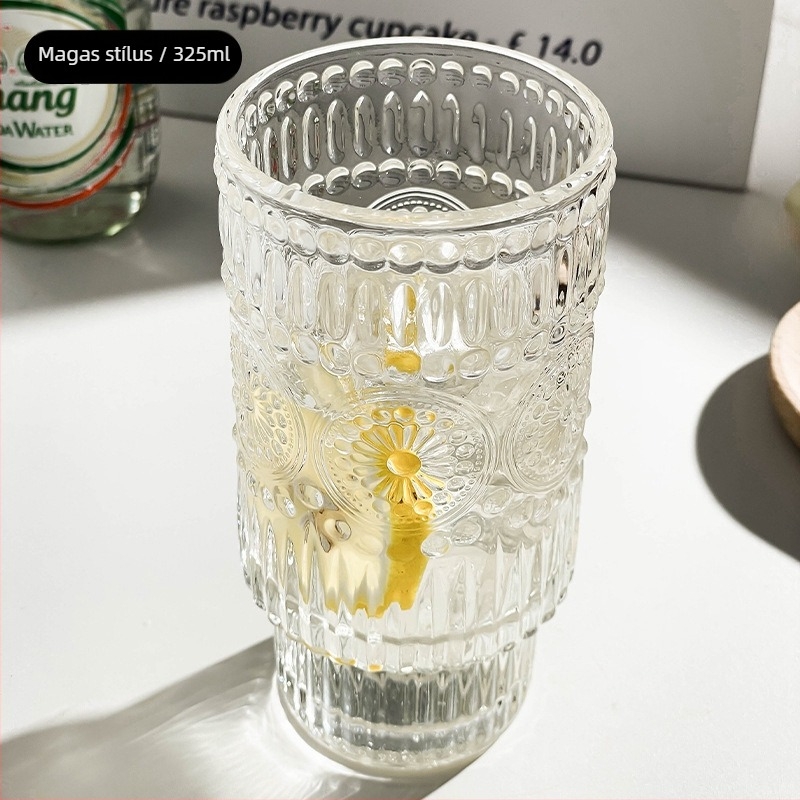 Különleges vintage üveg pohár készlet egymásra pakolható reliefes napraforgó motívummal, gleccseres mintával és buborékos textúrával kávéhoz és gyümölcsléhez